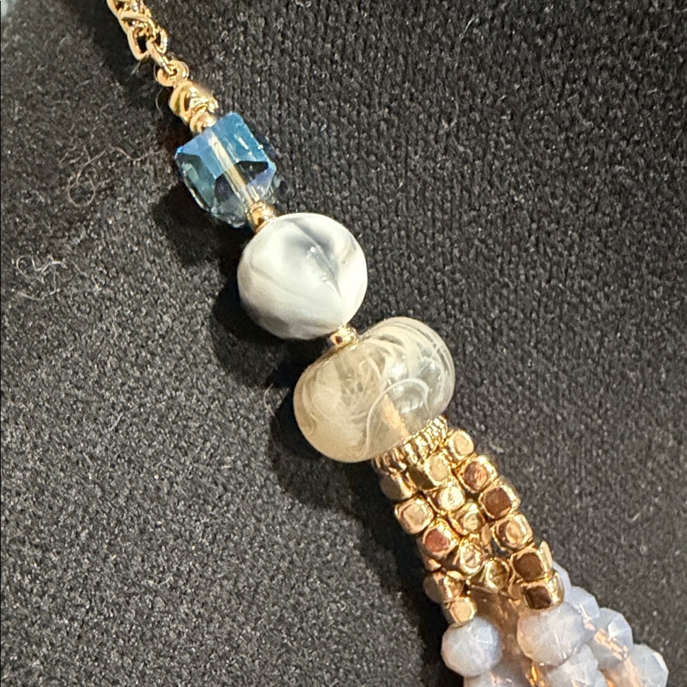 Boutique Multi Strand Blue Statement Necklace | Gold Accents - Picture 8 of 11